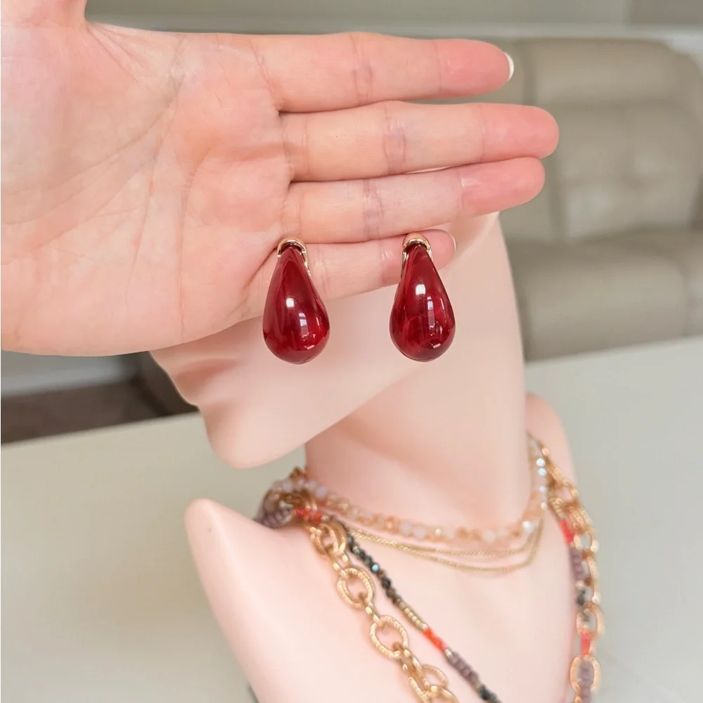 Gold Red Teardrop Drop Earrings - Women Jewelry